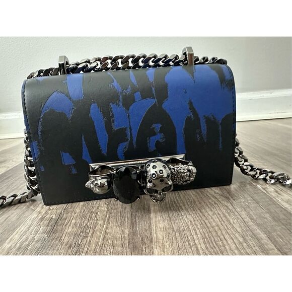 ALEXANDER MCQUEEN GRAFFITI FOUR-RING LEATHER SHOULDER BAG IN BLUE BLACK $2,500 - Picture 11 of 16